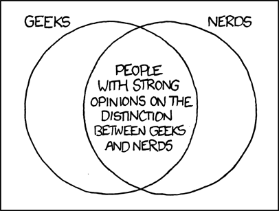 a venn diagram of geeks and nerds, where the overlap says "people with strong opinions on the distinction between geeks and nerds"