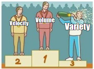 three people labeled Velocity, Volume, and Variety standing on a podium. Variety in third place is spraying himself with champagne