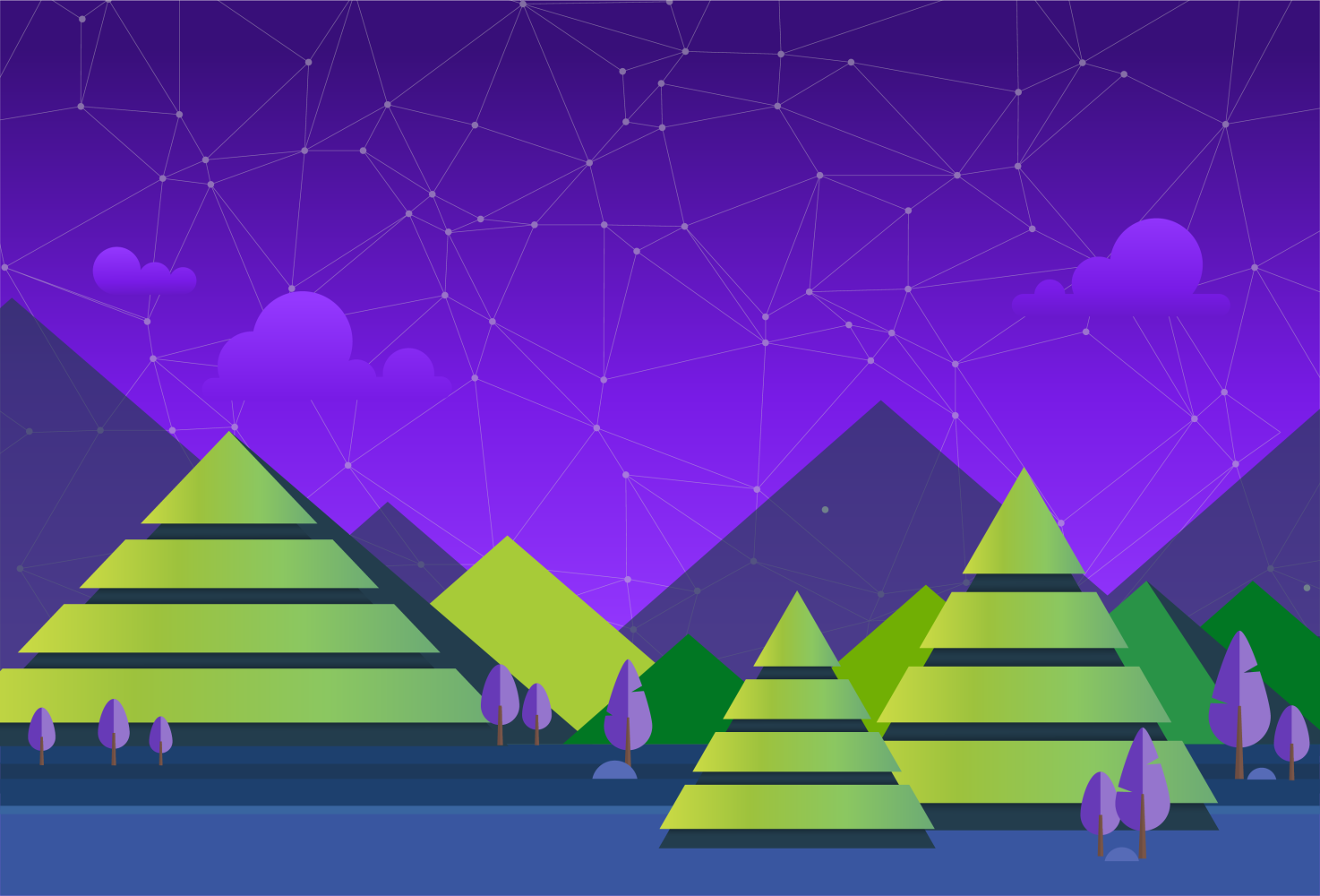 several green and purple pyramids