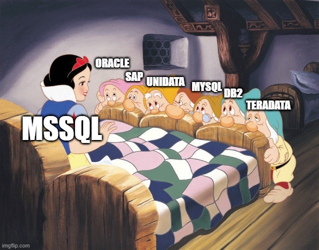 an image from the Disney movie Snow White, in which Snow White is labeled MSSQL and the dwarves are labeled after other enterprise database tools