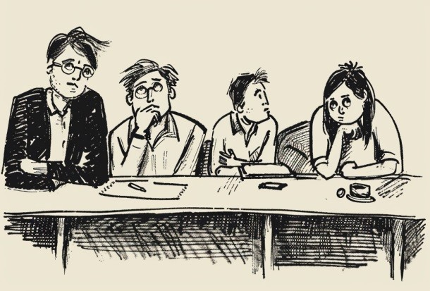 cartoon of four employees sitting at a table with expressions of boredom