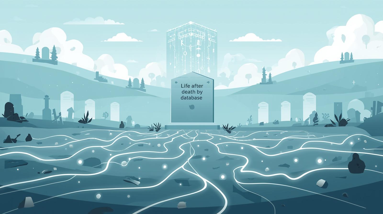 Life After Death by Database Illustration of a data graveyard with a ‘Life After Death by Database’ tombstone and connected data lines representing a unified data warehouse in oil and gas operations.