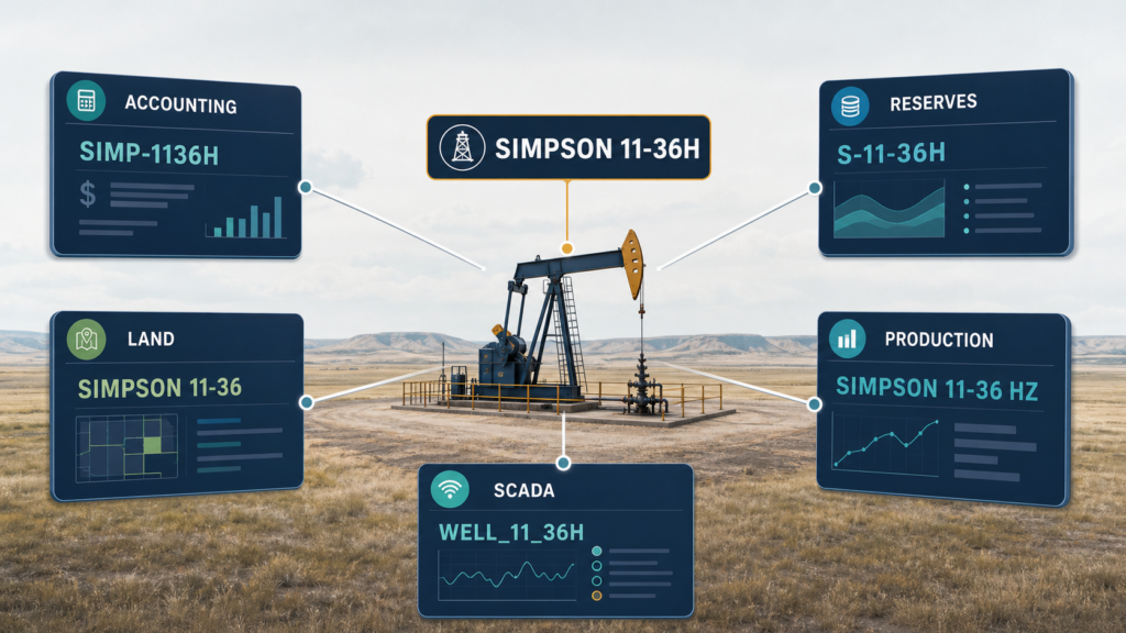 Illustration showing a well connected to accounting, land, reserves, production, and SCADA systems through a centralized Well Master record.